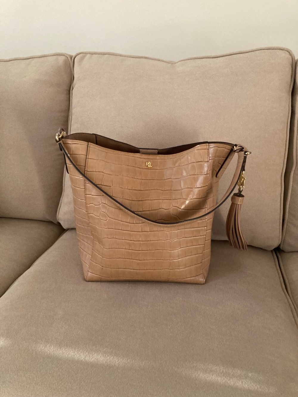 Ralph Lauren Croc-Embossed Tan Leather Shoulder Tote with Tassel